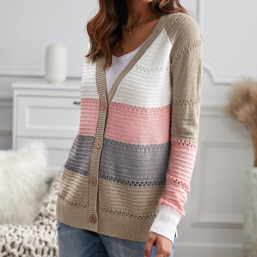 Multicolor V-neck Color Block Button Closure Eyelet Cardigan - Picture 2 of 8